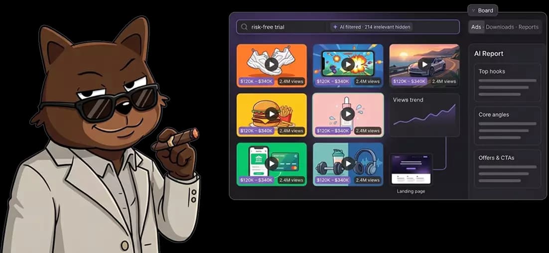 After AdSee: a relaxed bear in sunglasses next to a board of AI-filtered YouTube ads with spend ranges and views, a saved copy linked to its landing page, a views trend and an AI report of top hooks, core angles and offers.