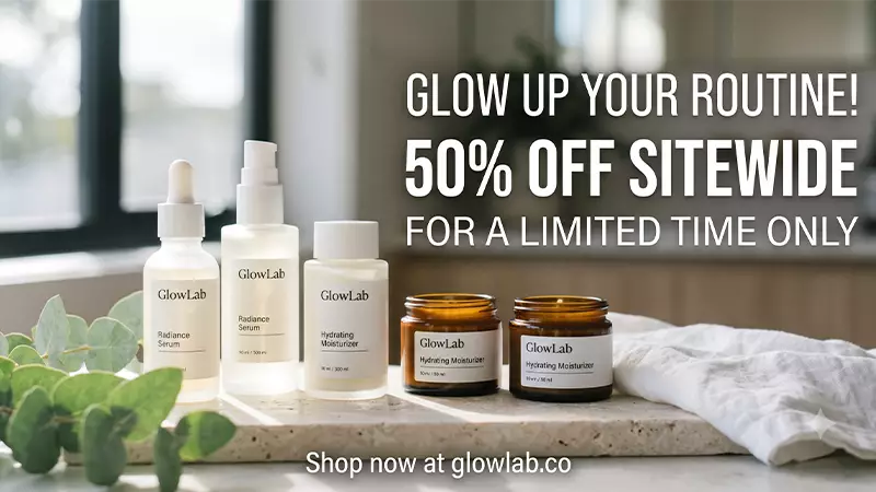 YouTube ad thumbnail from GlowLab with the on-screen text "50% OFF SITEWIDE"